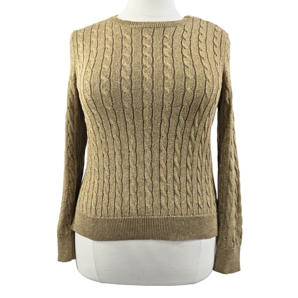 Lauren Ralph Lauren Gold Metallic Cable Knit Button Trim Sweater Old Money